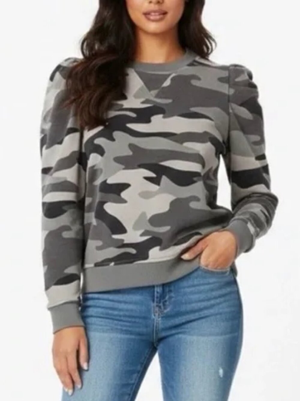 Cynthia Rowley Women's L Camo Sweatshirt Puff Sleeve Gray Black Cotton Blend